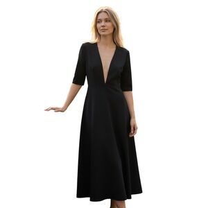 Jill Stuart Black V Neck Mesh Inset Modest A Line Midi Dress 0 Feminime Formal